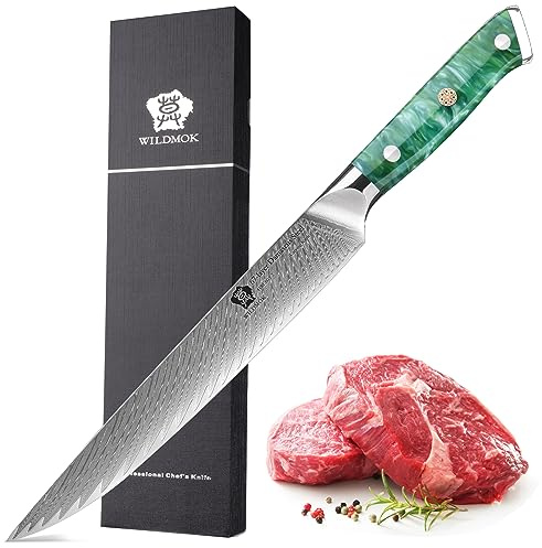WILDMOK Damast Schinkenmesser, 22.8 cm scharfes professionelles Fleischmesser, multifunktionales Küchenbeilmesser aus japanischem Super VG10 Stahl mit Vollerl Griff