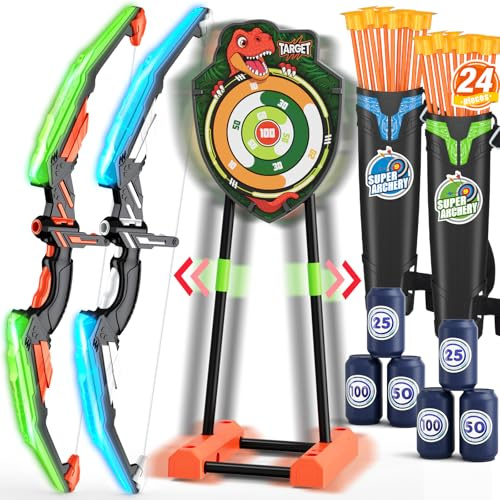 HYES 2 Pack Bow and Arrow with Moving Target for Kids, LED Light Up Archery Set with 24 Suction Cup Arrows, 6 Score Targets & 2 Quiver, Indoor Outdoor Sport Gifts for Boys Girls Ages 4-12