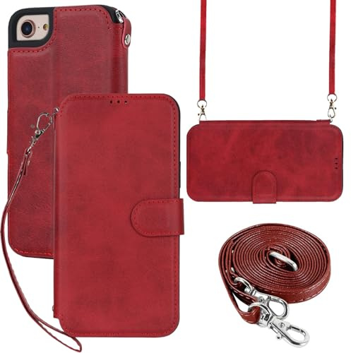 ELTEKER Hülle für iPhone 7/8/SE2020/SE2022 Handyhülle mit Band Crossbody Strap, Klapphülle mit dem Verstellbaren Umhängeband - Rot