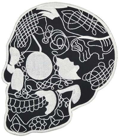 Großer Totenkopf Rückenpatch Schwarz – 17,3 x 19,6 cm – Gestickter Aufnäher Biker, XXL Rückenaufnäher, Schädel Patch Backpatch für Motorradjacken Kutten Lederwesten – Hochwertige Stickerei