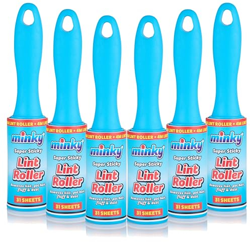 Minky Lint Rollers 6 Pack - 31 Super Sticky Sheets, Lint Roller Multipack Bundle, 4 Metre Roll, Blue Ergonomic Handle, Household Essential, Pet Hair Remover & Lint Brush