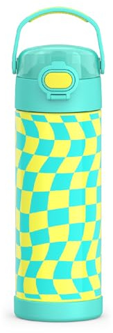 THERMOS FUNTAINER 16 Ounce Stainless Steel Vacuum Insulated Bottle with Wide Spout Lid, Wavy Checkers Teal