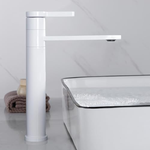 SHANFO Robinet Lavabo Blanc, Mitigeur Lavabo Haut Rotatif à 360°, Robinet Salle Bain Haut, Réglable Chaud et Froid, 1M6OK-T