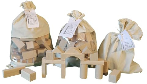 Bausteine aus Holz natur 70 Teile unbehandelt Breite 29mm Würfel Quader Zylinder Bogen Prisma Baubeutel