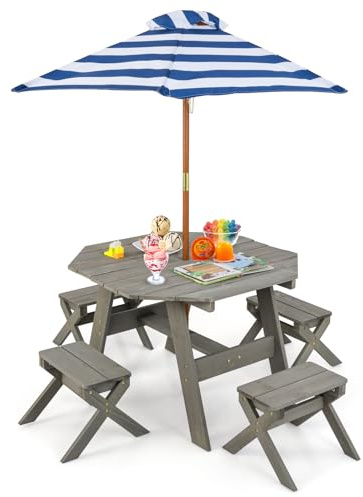 COSTWAY Barnstolsgrupp utomhus, barnpicknickbord med 4 stolar och parasoll, barnstol set av trä, sittuppsättning, sittgrupp, trädgårdsmöbler för trädgård, bakgård, terrass (grå)