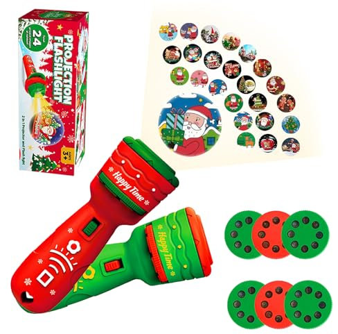 POPOYU 2Pcs Christmas Projector Torch for Kids,Christmas Slide Projector Torch with Realistic 24 Patterns Flashlight Projector,Kids Sleep Story Projector for Fun Christmas Stocking Eve Box Fillers