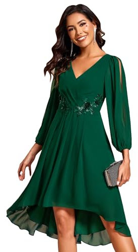 Ever-Pretty Abendkleider Damen Elegant Langarm Kurz Vorne Und Hinten aus Chiffon mit Langen Applikationen Dunkelgrün 40