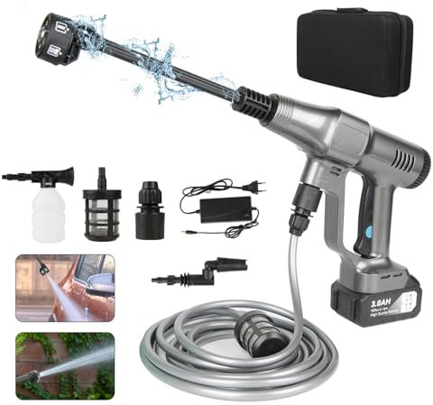 Akku Hochdruckreiniger, Max 200 Bar Mobiler Hochdruckreiniger mit 15000mAh Akku, 6-in-1 Multi-Sprühdüse 5M Schlauch für Auto, Terrasse, Garten, Zaun (Silber mit 1 Akku)