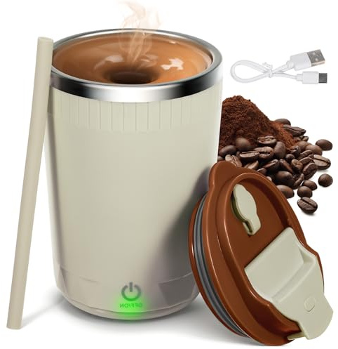 Self Stirring Coffee Mug: 13oz Magnetic Self Stirring Cup with Lid - Rechargeable Stainless Steel Electric Mixing Mug with Silicone Straw for Milk/Cocoa/Office/Kitchen/Travel Perfect Gifts (Brown)
