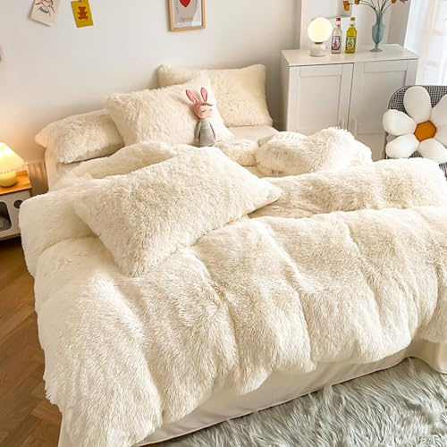RCLONGEU Housse de Couette en Peluche 2 Taie d'oreiller Parure de Lit Polaire Flanelle Chaud Hiver - Linge de lit 2 Personnes Duveteux avec Fermeture Éclair (Blanc CrèMe,220X240 cm-2.0m lit)