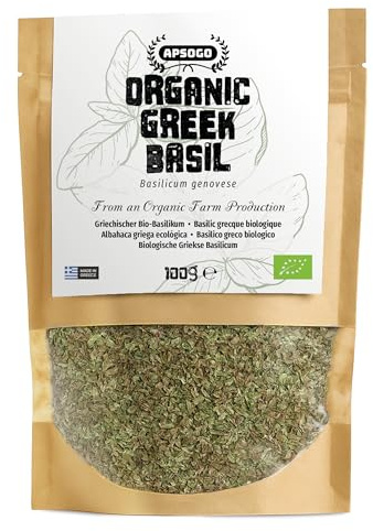 Apsogo Basilic – Basilic bio séché de Grèce – Qualité supérieure et saveur aromatique, parfait comme épice ou tisane (100 g)