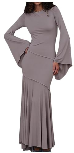 Foweknow Robe longue sirène élégante pour femme - Manches longues - Col en V - Robe de cocktail - Rockabilly - Jupon - Robe débardeur - Couleur unie - Robe de soirée moulante, lilas, L