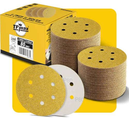 100 discos de lija de grano 80 de 150 mm, 6 agujeros, gancho y bucle redondos dorados de alta calidad para lijadora orbital aleatoria, ideal para madera, metal, automoción