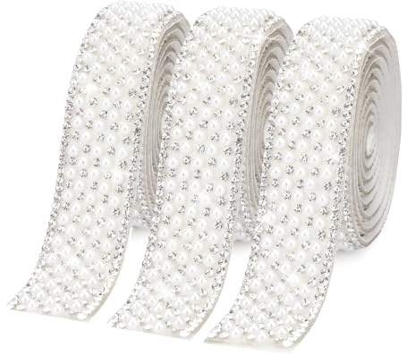 3 Rollen Selbstklebendes Strassband Mit Perlen,Strassband Zum Aufnähen,Pearl Crystal Roll,Selbstklebende – Glitzer Kristall Band 2Cm Breite Für Diy Hochzeitsdeko,Geburtstagsparty Basteln