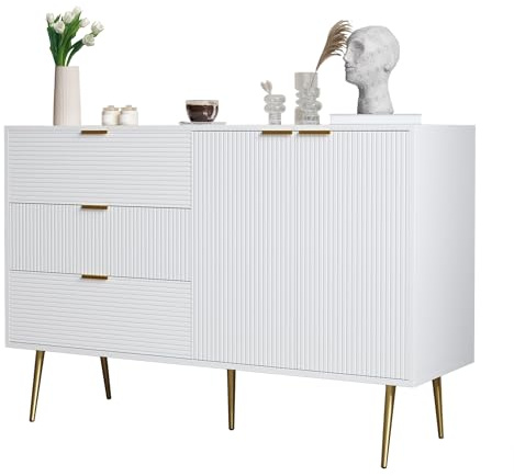 KecDuey Credenza, cassettiera, mobile soggiorno con ante e cassetti, ripiani interni, cassettiera con maniglie e gambe dorate