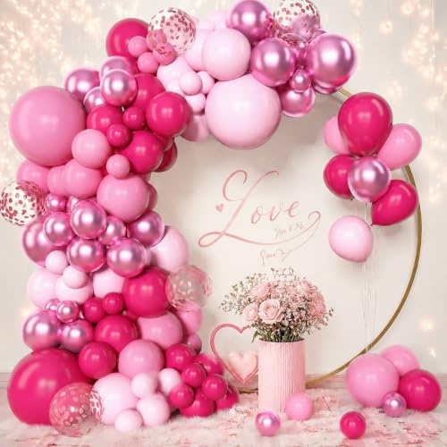 Hot Pink Luftballons Rosa - 114 Stück Ballon Girlande Rosa mit Metallic Rose Latex Ballons für Pink Thema Mädchen Hochzeit Geburtstagdeko Party Baby Shower Deko