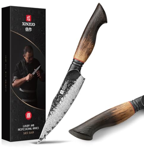 XINZUO Damascus Paring Knife 14.1 cm,67-Layer Steel 10Cr15CoMoV Kitchen Knife,High Carbon Razor Sharp Small Kitchen Knives, All Purpose Professional Kitchen Peeling Utility Knives with Ergonomic Burnt