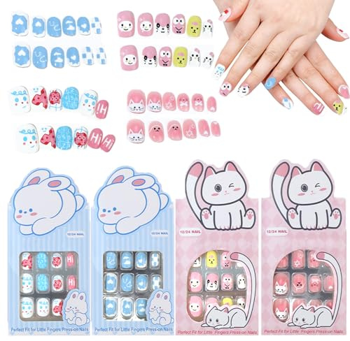 4Pcs Kunstnägel für Kinder - Mädchen Falsche Nägel Mädchen Press on Nägel - Vollflächige kurze Künstliche Nail Tips Set - Kleine Mädchen Nagelkunst Geschenk für Mädchen Geschenk