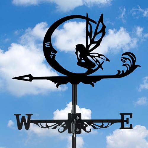 Fairy and Moon Weather Vane, Black Metal Weathervane Roof Mount, Wind Direction Indicators Wind Measuring Tool Outdoor, Wind Vane Ornament Decoration for Shed Garden Yard Farmhouse Patio Decor