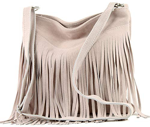 modamoda de T125 Damen Leder Wildleder Schultertasche Umhängetasche handmade in Italy, Farbe:Rosabeige