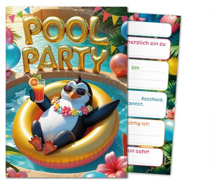Junaversum 12 Einladungskarten zum Kindergeburtstag Schwimmbad Pool Party Pinguin Mädchen Jungen Kinder Einladungen Geburtstag Geburtstagseinladungen Kids