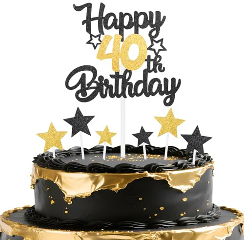 mciskin Black Gold 40th Birthday Decorations for Men,Black and Gold Party Decorations,Personalised Cake/Cupcake Toppers,Glitter Happy 40th Birthday Cake Toppers for Women Men Party Favor Supplies