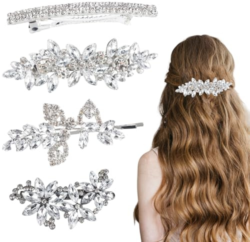 AstraGlam 4PCS Haarschmuck Hochzeit Set Silber Glänzende Haarklammern Mit Strass Für Damen Braut Haarschmuck Haarspangen Hochzeit Party Alltag