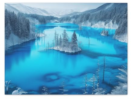 Blue Pond, Biei, Japan – Vivid Cobalt-Blue Water in Snowy Landscape - Made in USA - 24 * 18 Inch Matte Canvas Wall Art