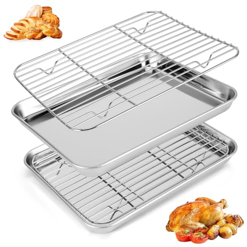 DEECOZY Baking Sheet with Rack Set, Stainless Steel Non Stick Baking Tray with Cooling Rack, Oven Tray for Bread/Meat Cooking, Healthy & Non Toxic, Easy Clean, Dishwasher Safe (12.4 x 9.6 x 1 inch)