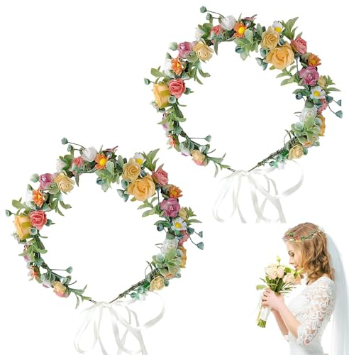 dinghaole 2 Pièces Bandeau De Couronne Florale, Couronne De Fleur Rose, Couronne de Fleurs, Fleur Guirlande Florale Bandeaux Bandeau de Fleurs pour Party Festival Beach Travle Mariage