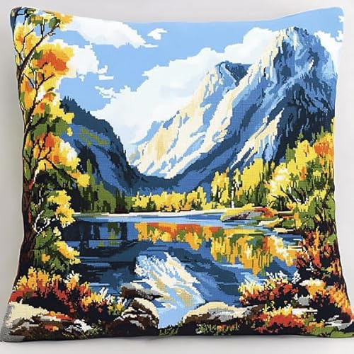 ANSIWEIGO Cojín de nudos, 43 x 43 cm, kit de anudado con ganchos, para principiantes y adultos, lienzo impreso, cojín decorativo 3D para sofá, vista al lago alpino
