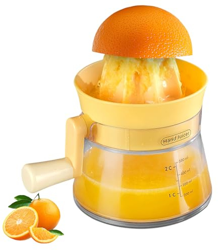 Jasfyee Manual Citrus Juicer with 500ml Cup and Easy Pour Spout – Hand Cranked Fruit Juicer for Lemons, Oranges, and Limes – Compact Juice Squeezer for Kitchen, Gym, and Travel