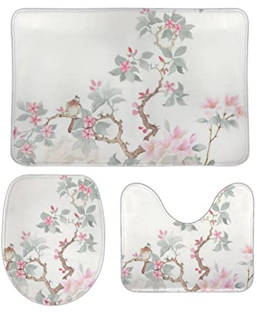 Badgarnitur 3 Teilig Aquarell Blumenstrauß Lila Rosa Rose Flauschig U-Form Badteppich rutschfest WC Vorleger für Dekoration WC