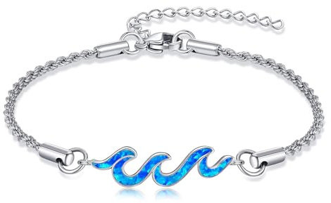 HKPATOP Wave Bracelet 925 Sterling Silver Wave Bracelet Opal Ocean Jewelry Beach Gifts For Women