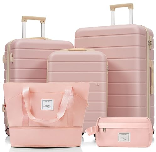 Merax Hartschalen-Kofferset, bestehend aus 5 Teilen, DREI Koffern und Zwei Kosmetiktaschen, Kabinenkoffer mit Drehrollen, pink und Khaki