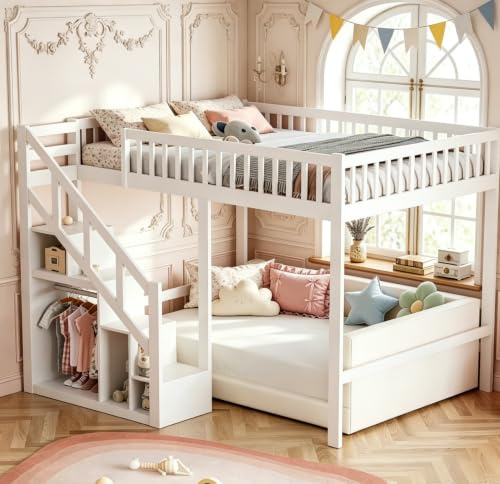 MINGZHE Etagenbett 140 x 200 cm, Hochbett 140 x 200 cm, Etagenbett für Kinder mit Stauraum, Treppe, Bettschutzgitter, Massivholz, ohne Matratze, weiß