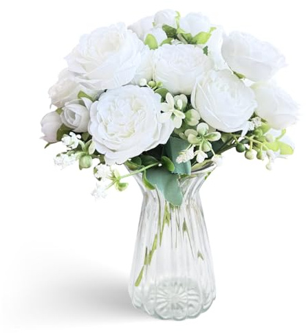 Aufisi Pfingstrosen Künstlich, 30cm 3 Bündel Pfingstrose Blumenstrauß Künstliche Blumen Seidenpfingstrosen Kunstblumenstrauß für Hochzeit Party Dekoration, Weiß