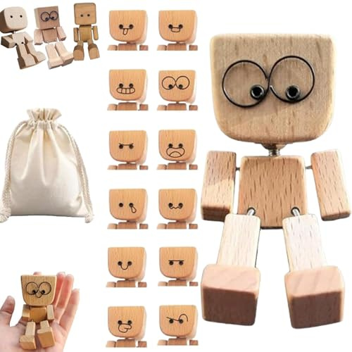 NNBWLMAEE Schüttelmann Holz, Wackelnder Holzmann, Schüttelmann Auto, Holzfigur Wackelbeine, Charmante Kleine Holzfigur, Die Mit 12 mMagnetischen Ausdrücken Schwankt (B+12 Emoticons)
