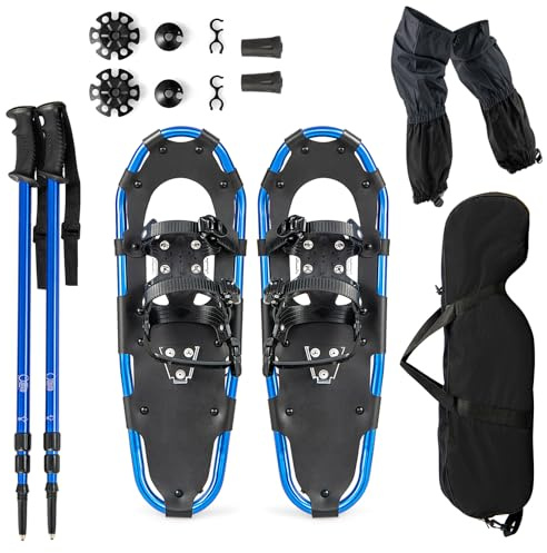 SOARS Kit Racchetta da neve 4 in 1, Racchette in alluminio con bastone da passeggio telescopico, borsa portaoggetti, ghette impermeabili, per donne, uomini, bambini (25, blu)