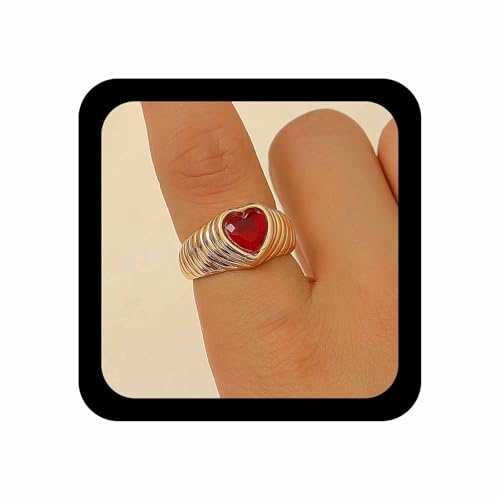Cybche Vintage Anillo De Corazón De Cristal Rojo Rubí Gruesos Anillos De Oro Corazón Amor Nudillo Dedo Anillos De Boda Gema Abierta Banda Ajustable Anillo De Joyería Para Las Mujeres
