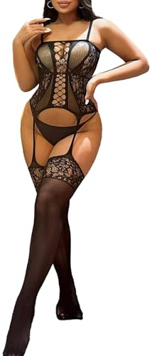 JFAN Lingerie Donna Pizzo Completino Intimo Donna Biancheria Intima di Un Pezzo a Rete Abbigliamento da Notte Babydoll Lingerie(Nero,Taglia Unica)