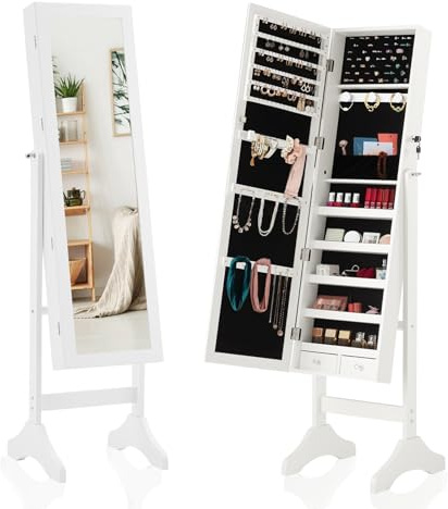 Sweetcrispy Freestanding Jewelry Armoire Cabinet, 47.3-Inch Full Length Jewelry Organizer Standing Mirror, Tall Lockable Large Capacity Makeup Organizer Storage, Velvet Lining, 3 Angles, White