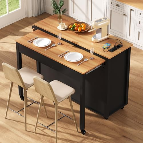ZKLOEP Isola della cucina su rotelle, zona pranzo allungabile, con piano di lavoro e vano contenitore per rifiuti, autoportante con ciabattine, ideale per cucina e sala da pranzo (nero)