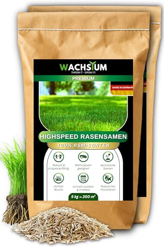 Rasensamen schnellkeimend 10 kg 400qm – Frühjahr und Sommer Premium Grassamen Nachsaat, dichter strapazierfähiger Rasen, Mähroboter geeignet – kräftiges Wachstum, RSM Qualität,