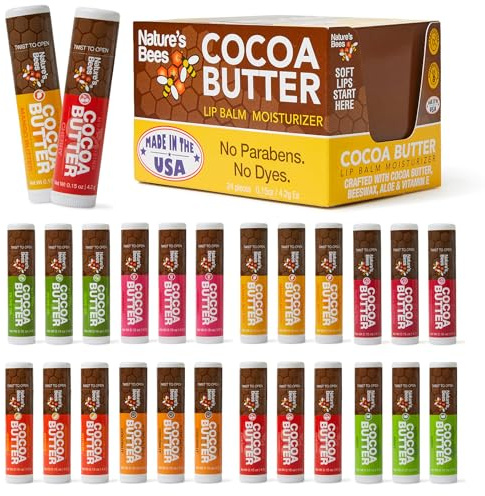 Nature's Bees Lip Balm, Bulk Lip Care Pack for Dry, Cracked Lips, Made in the USA with Natural Ingredients, 0.15 oz Each, 8 Flavors, 24 Pack - Packaging May Vary