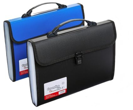 13 Pockets File Organiser Box with Handle,A4 Expanding File Folder Filing Bag Portable Document Folders Briefcase Handcarry Case Organ Bag for Office,School,Home with Tabs(Blue or Black)