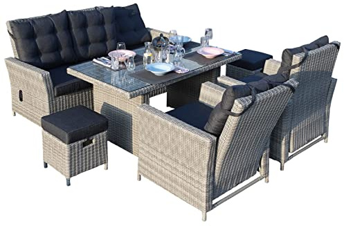Green Spirit - Garten Sitzgruppe Asti - Grau, Polyrattan, für 7 Personen, Sicherheitsglas, Wetterfest, Gartenmöbel-Set mit Sofa, Tisch, 2 Sessel, 2 Hocker