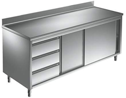 VM Europa - Edelstahl Arbeitsschrank - 180 x 70 cm - AISI 430 Legierung - Mit Schiebetüren - Schubladenblock Links - Küchenmöbel Gastro Schrank Edelstahlschrank Grillschrank