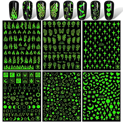 VETPW 6 Blatt Leuchtend Nagelsticker, Blumen Mond Stern 3D Nagelaufkleber Selbstklebende Abziehbilder für DIY Nagelkunst Abziehbilder, DIY Nagelspitzen Dekoration