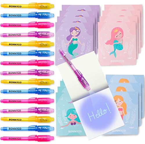 BONNYCO UV Stift und Notizbuch, 16 Stück Meerjungfrau Mitgebsel Kindergeburtstag Mädchen. Kindergeburtstag Gastgeschenke, Kleine Geschenke für Kinder. Adventskalender, Meerjungfrau Deko